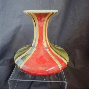 Vintage Art Pottery Colorful Striped Vase Green, Red & Gold